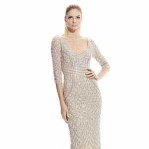 Theia Silver Nude 3/4 Sleeve Sequin Crepe Gown